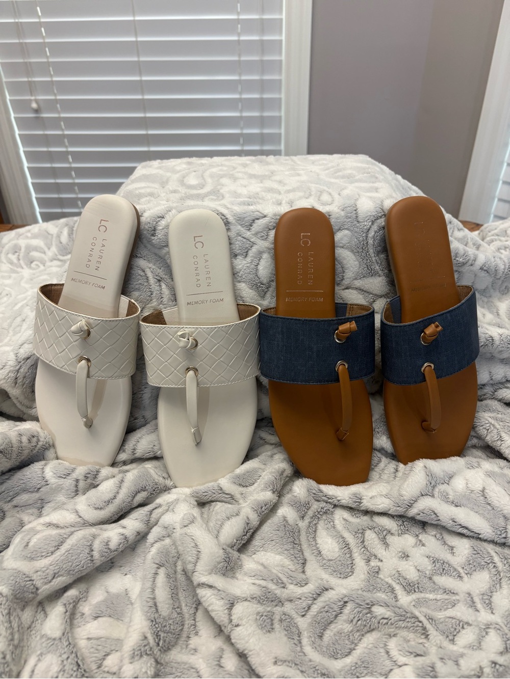 LC Lauren Conrad 1 White pair and 1 Brown Denim pair Wide Band Thong Sandal